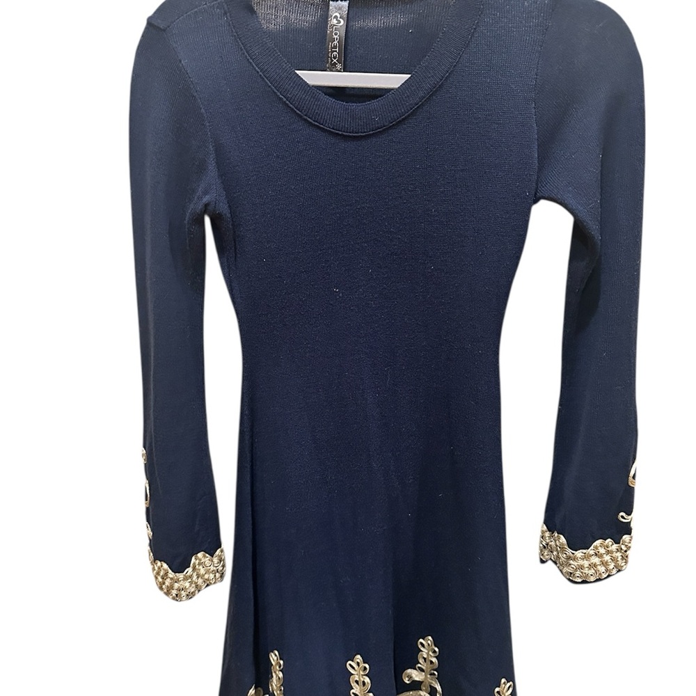 Dress Women’s  Navy Blue Midi Dress with Gold Embroidered Detailing.